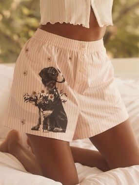 Anthropologie Pink Striped Dog Print Cotton Lounge Boxer Shorts Size XXS